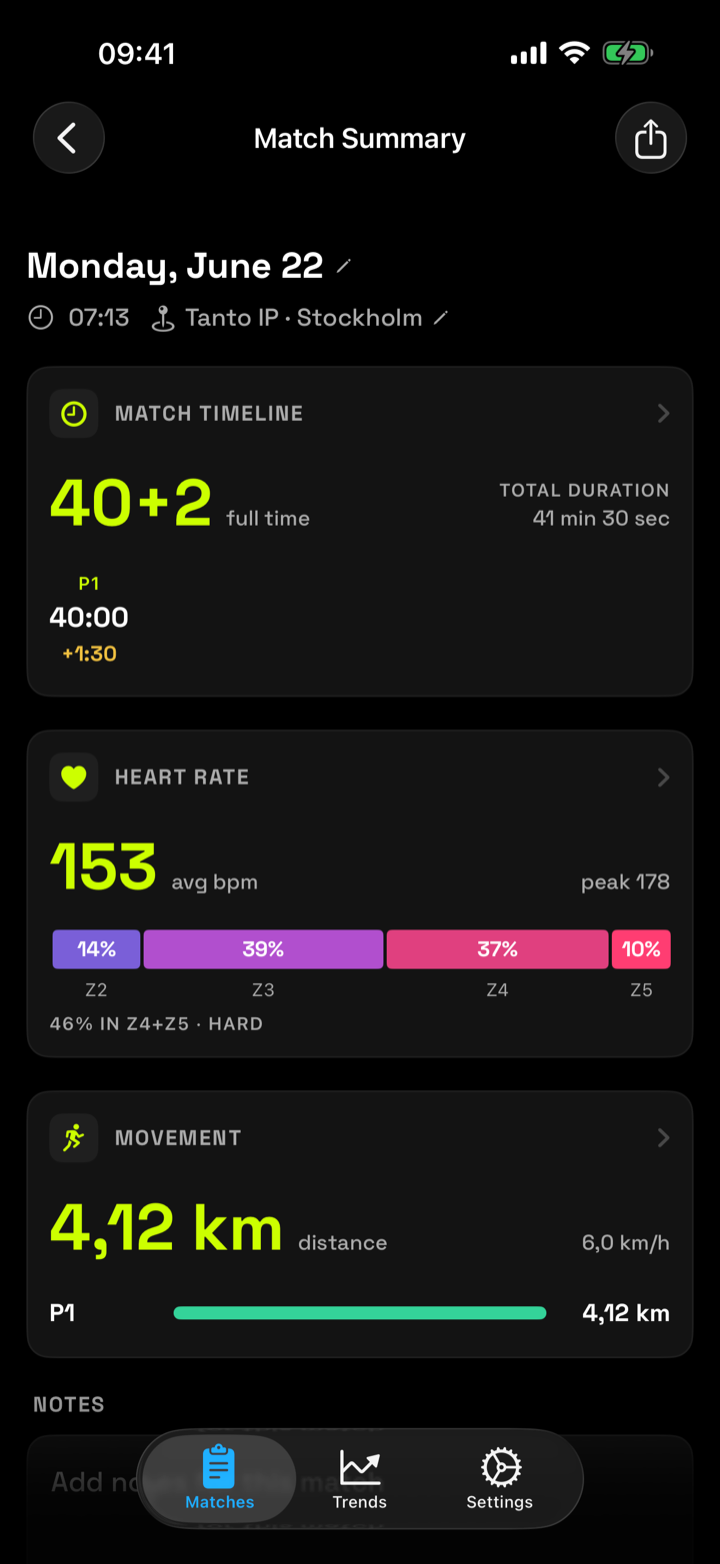 iPhone match summary: full time, total duration, heart-rate zones and distance