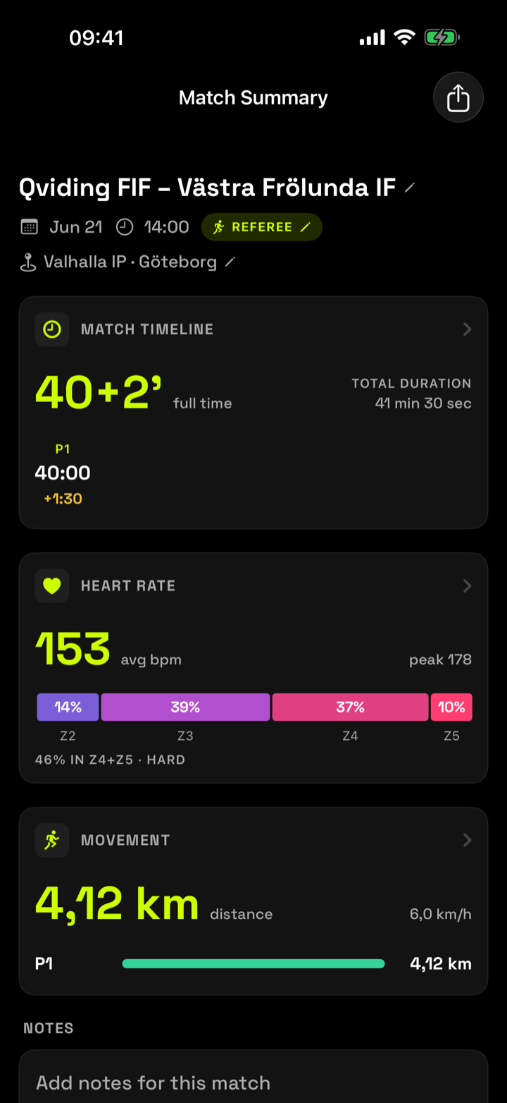 iPhone match summary: full time, total duration, heart-rate zones and distance